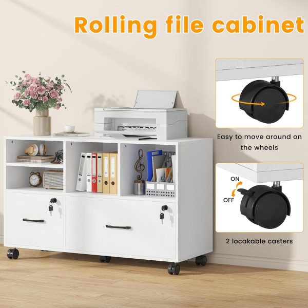 product-open-1c07a6d43a0f4187a7aba167870a89a2-goods 2 Drawer Wood Mobile Large Lateral File Cabinet with Lock, Lockable Rolling Filing Cabinet with Storage Shelves, Printer Stand Office Storage Cabinet for Home Office Fits Files Legal/A4, White