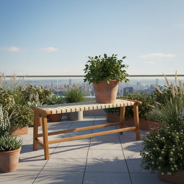 product-open-1c9d29e917c04dbf9255ae5f9bf5687c-goods 47-Inch Teak Outdoor Bench, Backless Wooden Dining Seat with Woven Fabric, Sturdy Wood Legs, Suitable for Indoor/Outdoor Use in Porch, Backyard, Deck, Or Entryway