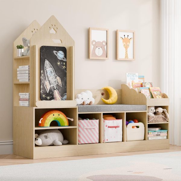 Bookshelf Featuring a Cozy Reading Corner, Wooden Organizer for Storage Equipped with a Chalkboard And Bench, Ideal Reading Nook for Boys And Girls, Shelf Suitable for Bedroom, Nursery, Or Playroom, Crafted from Natural Oak