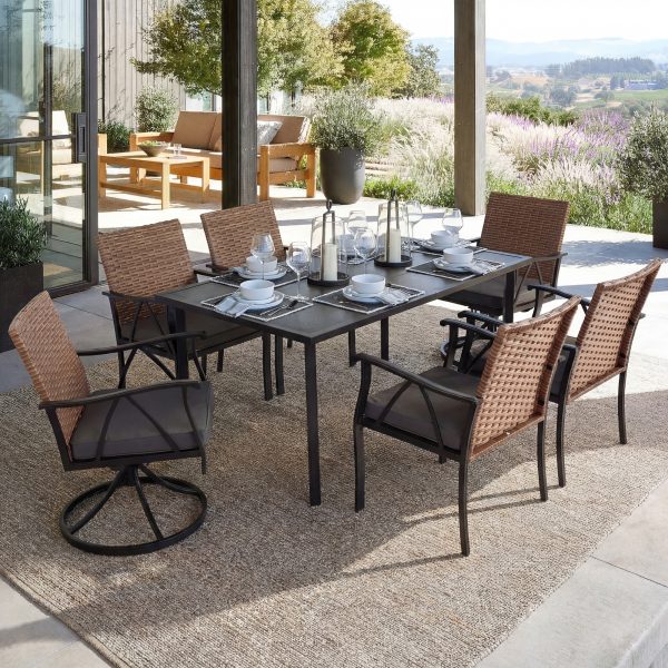 product-open-1d9350d0d9444b4082a6fdd0c2dbac71-goods Andehomy 7pcs Patio Dining Set with 6 Chairs And 1 Table, Outdoor Dining Set with 2 Wicker Swivel Patio Dining Chairs with Cushions & Black, Rectangular Woodgrain Metal Dining Table with 1.75" Umbrella Hole, Black & Brown