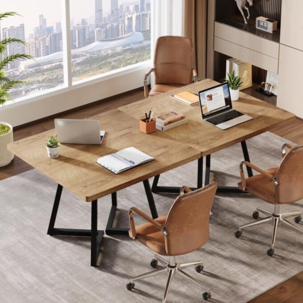 product-open-1e1671fa16d442a7aae2f7bc3d289bcf-goods 31.5' Square Conference Table, Industrial Office Meeting Table for 4 People, Business Podcast Furniture with Metal Base for Small Spaces, Office Conference, Natural