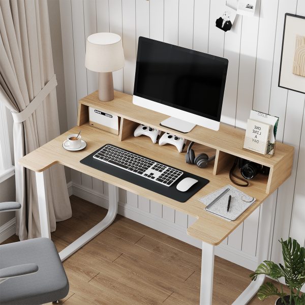product-open-1e3e18dbcea74b2794597a3fa57f7151-goods 43' Computer Desk with Storage Shelf, Modern Writing Desk with Ergonomic Notch, Stable Steel Frame Workstation for Home Office, Study, Gaming, Quick Assembly, Supports 165 LBS