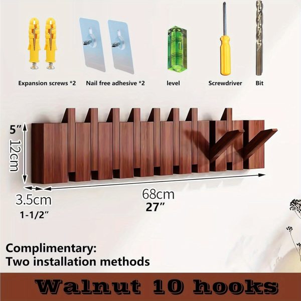 Modern Walnut Wooden, with 4/6/8/10/12 Hooks, Coat Rack, Hooks, Wall Mounted, Accordion, Entryway, Bedroom, Bathroom, Solid Wood, Smooth Polishing, Stable Adhere, Holds 22 Lbs, Floating Shelves