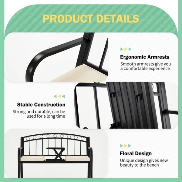 [Outdoor Patio Bench] Outdoor Patio Garden Bench Peacock Feather Backrest, Cast Iron Frame, Comfortable Seat for Yard, Porch, or Park