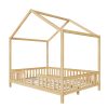 product-open-1f5aac1ab7b24134bbb61627543be807-goods Full Bed Frame for Kids, House Shape Bed Frame with High Railings, Wood Kids Bed with Roof, Kid Full Bed, Natural