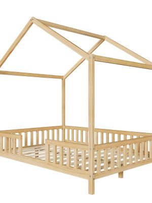 Full Bed Frame for Kids, House Shape Bed Frame with High Railings, Wood Kids Bed with Roof, Kid Full Bed, Natural
