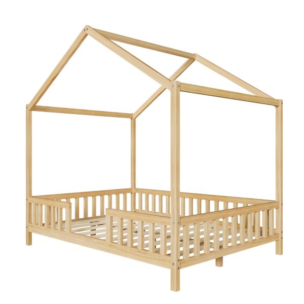 product-open-1f5aac1ab7b24134bbb61627543be807-goods Full Bed Frame for Kids, House Shape Bed Frame with High Railings, Wood Kids Bed with Roof, Kid Full Bed, Natural