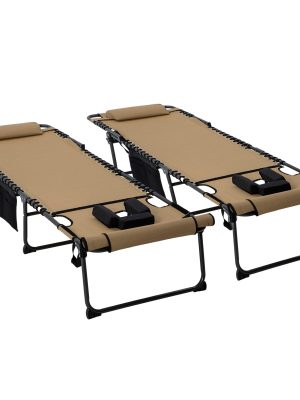 Outsunny 2pcs Folding Chaise Lounge with 5-Level Reclining Back, Outdoor Tanning Chair with Reading Face Hole, Outdoor Lounge Chair with Side Pocket And Headrest for Beach, Yard, Patio, Beige