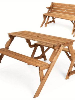 Lifezeal 2-In-1 Convertible Wooden Picnic Table And Bench with an Umbrella Opening