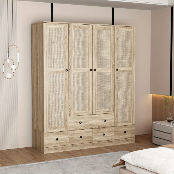 product-open-2024-06-25-1719296848388-d4afe3455f1c4344a41a21bfda02aa15-goods 4-Door Wooden Armoire Wardrobe Closet with 5 Drawers, Checkered Storage Area & Hanging Rods, Clothes Organizer for Bedroom, Modern Design
