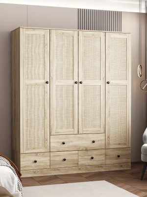 4-Door Wooden Armoire Wardrobe Closet with 5 Drawers, Checkered Storage Area & Hanging Rods, Clothes Organizer for Bedroom, Modern Design