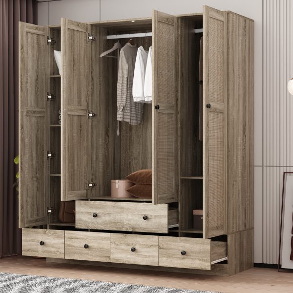 product-open-2024-06-25-1719296870146-a045eb6ec4924ca88d90d96bafc1a666-goods 4-Door Wooden Armoire Wardrobe Closet with 5 Drawers, Checkered Storage Area & Hanging Rods, Clothes Organizer for Bedroom, Modern Design