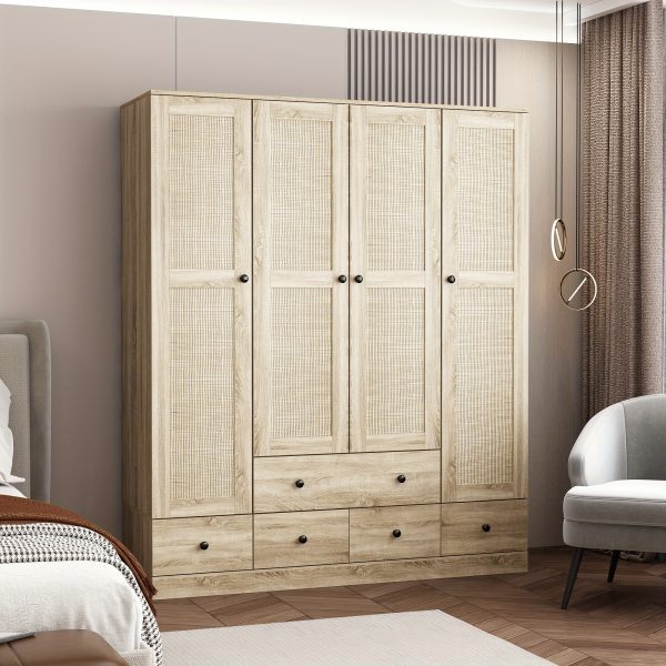 product-open-2024-06-25-1719296879303-9918c5bf54f44ba6aa0ed3734982c038-goods 4-Door Wooden Armoire Wardrobe Closet with 5 Drawers, Checkered Storage Area & Hanging Rods, Clothes Organizer for Bedroom, Modern Design