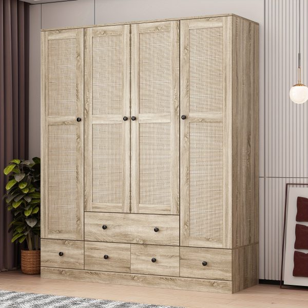 product-open-2024-06-25-1719296884069-1d2f10434eda434d9ae2e35ac0446b27-goods 4-Door Wooden Armoire Wardrobe Closet with 5 Drawers, Checkered Storage Area & Hanging Rods, Clothes Organizer for Bedroom, Modern Design