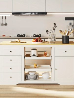 Royalcraft 59 Inch Large Kitchen Island with Power Outlet And Pet Bowl for Lab, Organized Storage Space with Rubber Wood Drop-Leaf Countertop, Farmhouse W Thick Table Top Drawer
