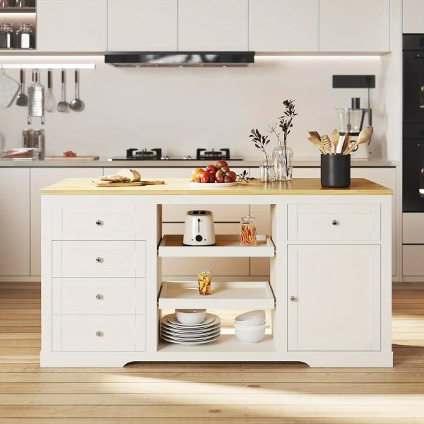 product-open-2024-06-29-1719654970555-84383a63e45a4d08a361947072142257-goods Royalcraft 59 Inch Large Kitchen Island with Power Outlet And Pet Bowl for Lab, Organized Storage Space with Rubber Wood Drop-Leaf Countertop, Farmhouse W Thick Table Top Drawer