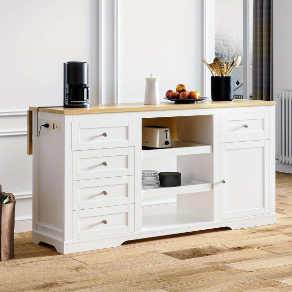 product-open-2024-06-29-1719654977626-6d7115cae0134006afcfce4f4d57190f-goods Royalcraft 59 Inch Large Kitchen Island with Power Outlet And Pet Bowl for Lab, Organized Storage Space with Rubber Wood Drop-Leaf Countertop, Farmhouse W Thick Table Top Drawer