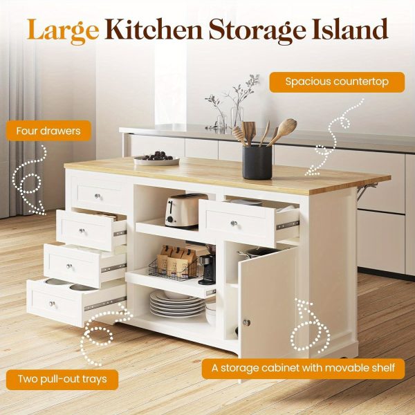 product-open-2024-06-29-1719654985467-d477782bf0f3490b921a4d01f2c97e49-goods Royalcraft 59 Inch Large Kitchen Island with Power Outlet And Pet Bowl for Lab, Organized Storage Space with Rubber Wood Drop-Leaf Countertop, Farmhouse W Thick Table Top Drawer