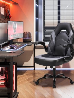 Ergonomic Gaming Chair | High Back, Flip-up Armrest, Wheeled, Height Adjustable 360°-Swivel, Sponge Filled, Solid Back Style, Synthetic Faux Leather, Lumbar Support, Manual Recliner, Wipe Clean - ANTONIA