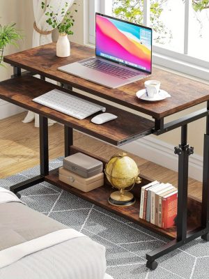 Height Adjustable Mobile Laptop Table Small Standing Desk Rolling Computer Cart with Keyboard Tray on Wheels for Home Office, Portable Desk for Sofa and Bed,