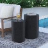 Set of Two Dark Concrete Side Tables, Perfect for Outdoor Use. These Nesting Tables Are 14 Inches in Diameter And Serve As Stylish Accent Tables for Your Patio. They Can Also Function As Garden Stools for Your Yard Or Pool Area