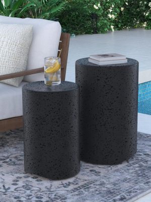 Set of Two Dark Concrete Side Tables, Perfect for Outdoor Use. These Nesting Tables Are 14 Inches in Diameter And Serve As Stylish Accent Tables for Your Patio. They Can Also Function As Garden Stools for Your Yard Or Pool Area