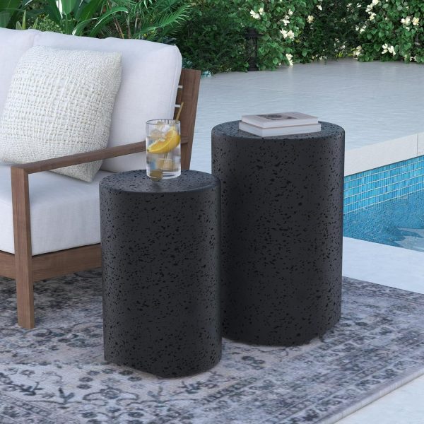 Set of Two Dark Concrete Side Tables, Perfect for Outdoor Use. These Nesting Tables Are 14 Inches in Diameter And Serve As Stylish Accent Tables for Your Patio. They Can Also Function As Garden Stools for Your Yard Or Pool Area
