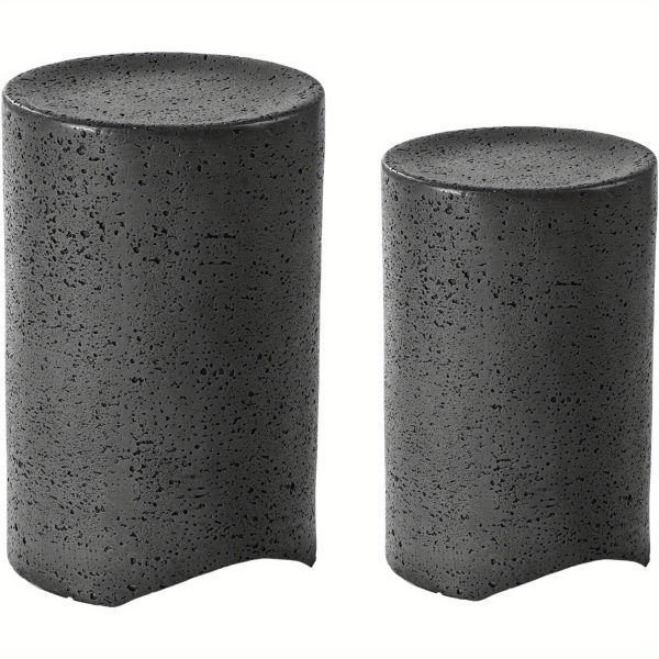 Set of Two Dark Concrete Side Tables, Perfect for Outdoor Use. These Nesting Tables Are 14 Inches in Diameter And Serve As Stylish Accent Tables for Your Patio. They Can Also Function As Garden Stools for Your Yard Or Pool Area