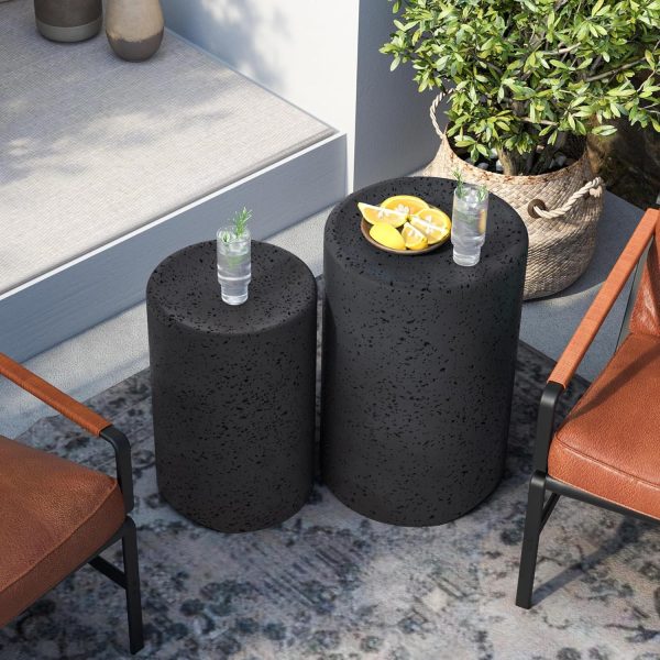 Set of Two Dark Concrete Side Tables, Perfect for Outdoor Use. These Nesting Tables Are 14 Inches in Diameter And Serve As Stylish Accent Tables for Your Patio. They Can Also Function As Garden Stools for Your Yard Or Pool Area