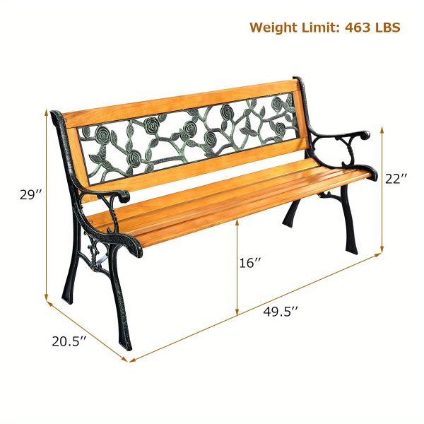 Multigot 49 1/2" Outdoor Park Garden Porch Chair Bench Made of Cast Iron And Hardwood with a Rose Design