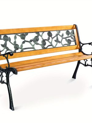 Multigot 49 1/2" Outdoor Park Garden Porch Chair Bench Made of Cast Iron And Hardwood with a Rose Design