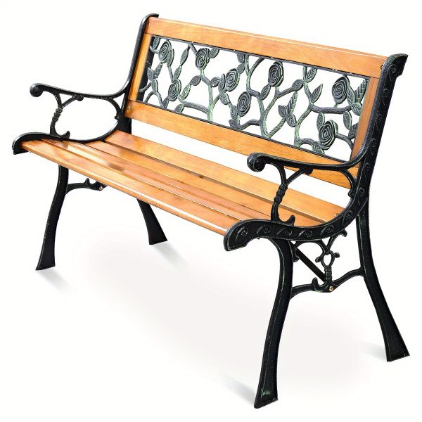 Multigot 49 1/2" Outdoor Park Garden Porch Chair Bench Made of Cast Iron And Hardwood with a Rose Design