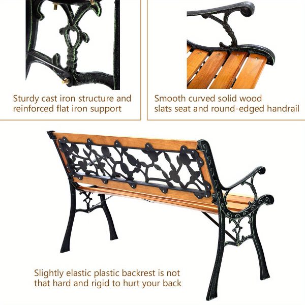 Multigot 49 1/2" Outdoor Park Garden Porch Chair Bench Made of Cast Iron And Hardwood with a Rose Design