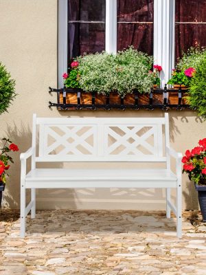 Wooden Bench with a White Geometric Backboard in The Natural Color of Poplar Wood