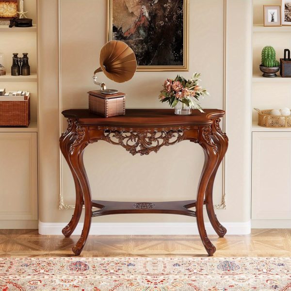 product-open-2024-10-10-1728539550754-53c3e13ba6914444b3a4b3c9d959ee95-goods BYBLIGHT 38" Victorian Half Moon Console Table, Sofa End with Hollow Floral Apron and Cabriole Legs, Traditional Decorative Furniture for Entryway, Hallway, Living Room - Uncharged, Living Room Furniture