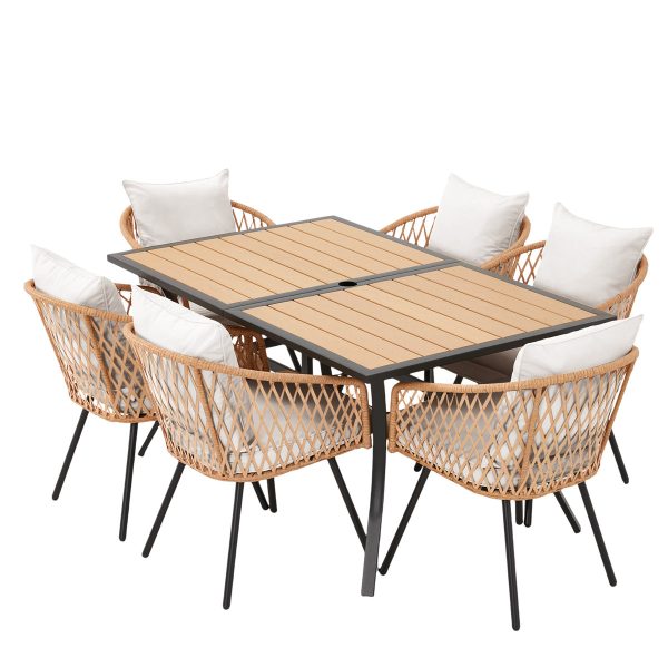 product-open-20438abdfb65454f81ea4e0a076ad418-goods Outdoor Dining Set for Seven, Featuring a Rectangular Table with an Umbrella Hole And Six Rattan Chairs, Suitable for All Weather Conditions, Perfect for Your Backyard, Lawn, Or Garden