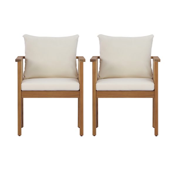product-open-20584953e36442c3be15fd543cc63c55-goods Set of 2 Outdoor Acacia Wood Dining Chairs - Patio Armchair with Natural Rattan Backrest, Cream Washable Cushion, Non-Slip Feet for Backyard Poolside Garden