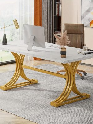 MEGIVEZ 63" Large Modern Executive Home Office Desk - White Wood & Metal Legs, Easy Assembly, 27" Height, 3.2 Cu Ft Storage, No Power Needed, Perfect for Business or Home Workspace, Versatile Workspace, Contemporary Furniture, Sleek Metal Legs