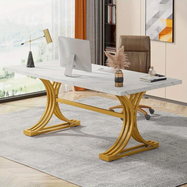 product-open-2070bf9990d54d9ba56ac06969e30345-goods MEGIVEZ 63" Large Modern Executive Home Office Desk - White Wood & Metal Legs, Easy Assembly, 27" Height, 3.2 Cu Ft Storage, No Power Needed, Perfect for Business or Home Workspace, Versatile Workspace, Contemporary Furniture, Sleek Metal Legs