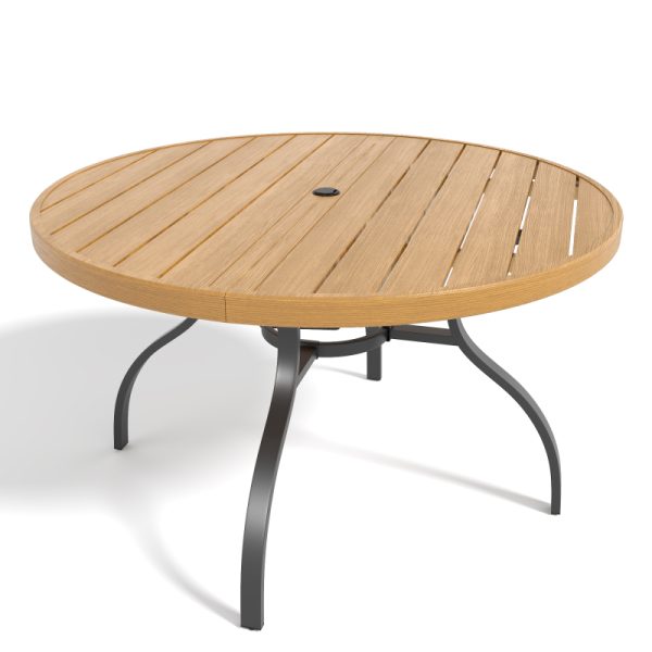 product-open-209672f4da494fb1b2081f2ea973c615-goods 5pcs Outdoor Patio Dining Set, 47' Round Wood-Grain Slat Table W/ Umbrella Hole And 4 Stacking Metal Chairs 350 Lbs Capacity, Rustproof, Breathable Design, 30-Min Assembly, Patio, Garden, Balcony