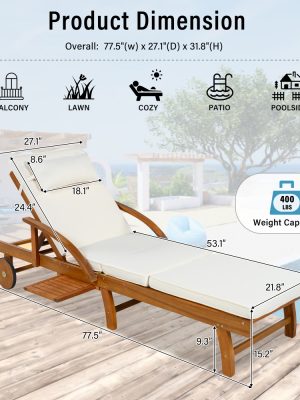 U_Style 2-Pack 77.5' Outdoor Lounge Chairs, Acacia Wood Frame, Cushioned, Adjustable Backrest And Leg Rest, Headrest And Retractable Side Tray, Perfect for Patio, Pool, Garden, Beach