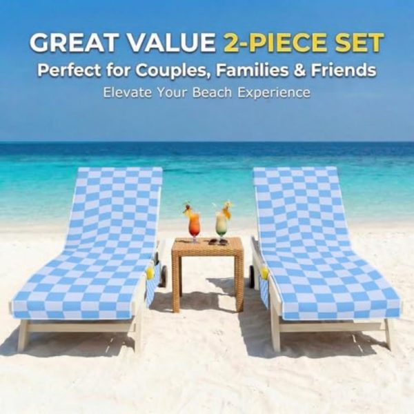 product-open-20fbb125bed8465e94039ea246ea48d6-goods Lounge Chaise Chair Towel Covers Pack of 2, Beach Chair Cover with 3 Pockets for Pool Outdoor Beach Garden Patio Trips, 85 X30in (Blue Checkerboard)