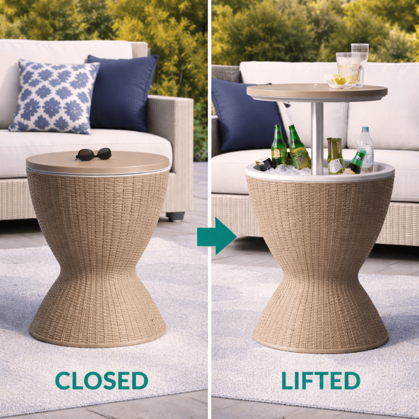 [All-Weather Resin Table] Outdoor Ice Bucket Side Table with Storage Shelf, All-Weather Heavy-Duty Resin Patio Cooler Table, Round Easy-Clean End Table for Pool, Garden And Balcony