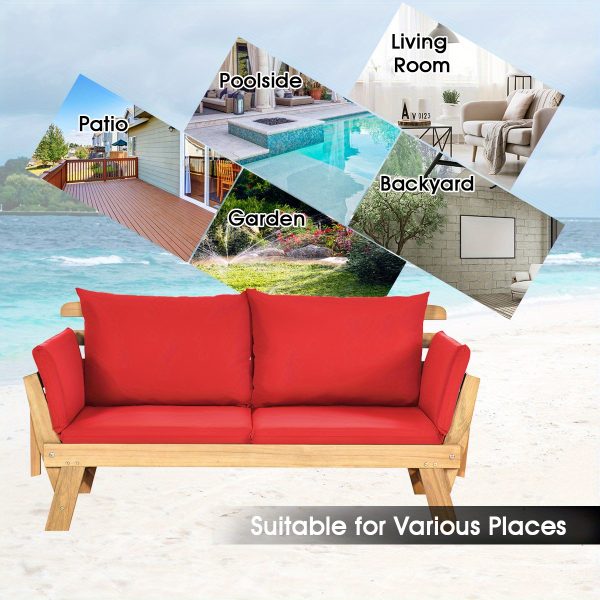 product-open-235960dedbb84e7cb94e61617af01a0e-goods COSTWAY Outdoor Transformable Couch Bed Sturdy Wooden Adjustable Piece with Thick Red Cushion
