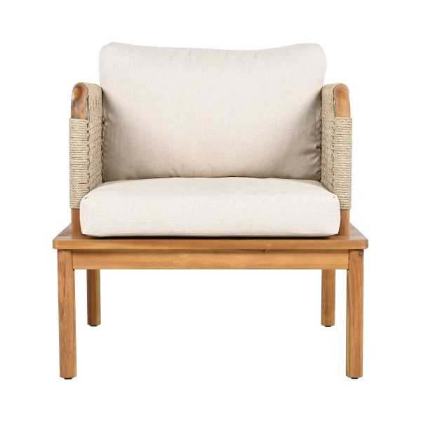product-open-241bfb555a77477ca66f68609abcce13-goods Outdoor Acacia Wood Rope Club Chair, Waterproof Cushioned Patio Dining Chair, Weather Resistant Patio Lounge Chair for Backyard Garden Porch Balcony, Easy Assembly Deep Seat Conversation Accent Chair with Removable Washable Beige Teak Cushion