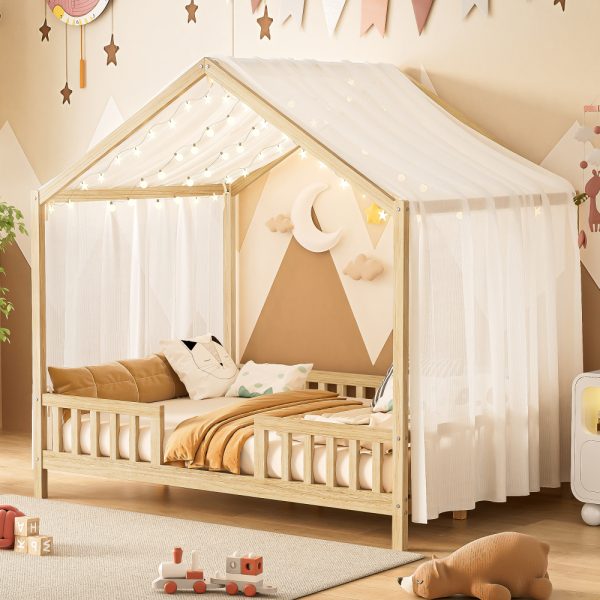 product-open-245ddce5aa9342b6b997ff4b6d3a1eca-goods Full Bed Frame for Kids, House Shape Bed Frame with High Railings, Wood Kids Bed with Roof, Kid Full Bed, Natural