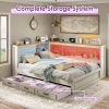 product-open-24d6721fd88845409d0eb141dc1bb4bc-goods PAPAJET Storage Corner Bed Frame with Bookcase Headboard LED Lights Charging Station and Drawers Farmhouse Platform Bed for Bedroom