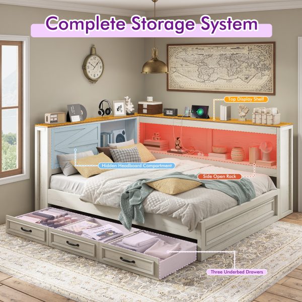product-open-24d6721fd88845409d0eb141dc1bb4bc-goods PAPAJET Storage Corner Bed Frame with Bookcase Headboard LED Lights Charging Station and Drawers Farmhouse Platform Bed for Bedroom
