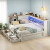 product-open-25260295b95348a2aec4c0aae61d999d-goods PAPAJET Storage Corner Bed Frame with Bookcase Headboard LED Lights Charging Station and Drawers Farmhouse Platform Bed for Bedroom
