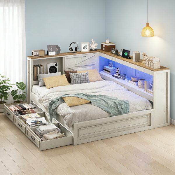product-open-25260295b95348a2aec4c0aae61d999d-goods PAPAJET Storage Corner Bed Frame with Bookcase Headboard LED Lights Charging Station and Drawers Farmhouse Platform Bed for Bedroom